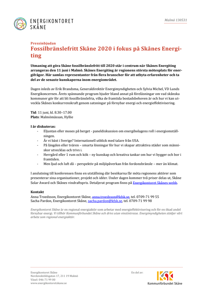 Pressinbjudan: Fossilbränslefritt Skåne 2020 i fokus vid Skånes största mötesplats för energifrågor - Skånes Energiting