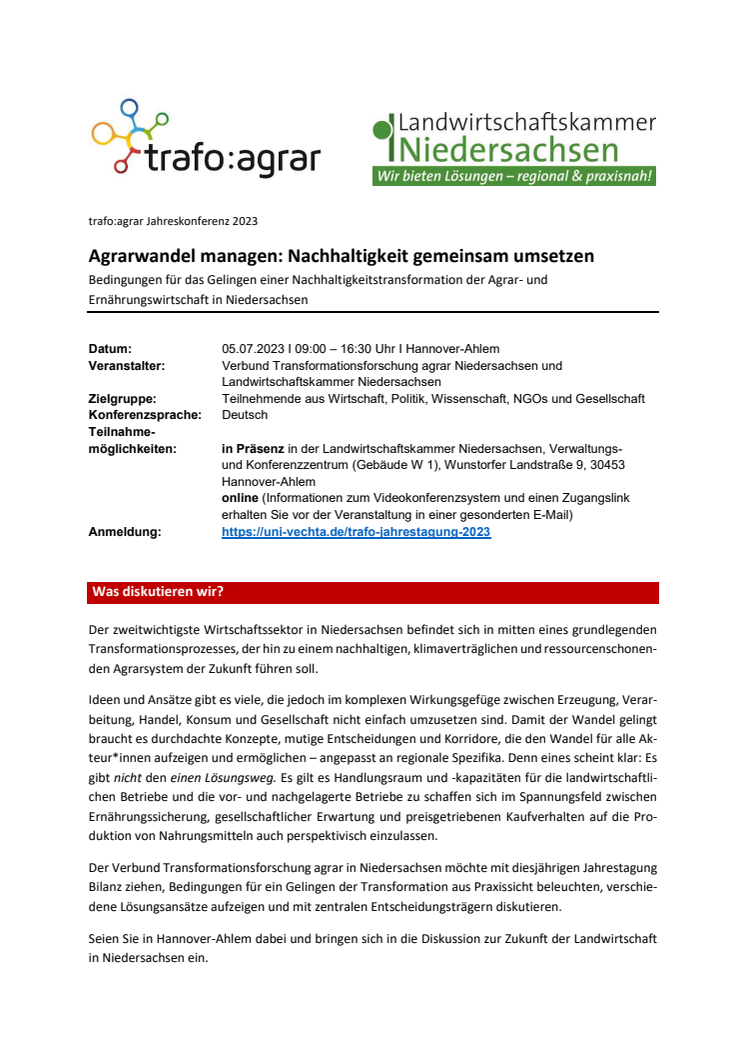 „Agrarwandel managen: Nachhaltigkeit gemeinsam umsetzen“ | Programm der Jahreskonferenz des Verbunds Transformationsforschung agrar Niedersachsen