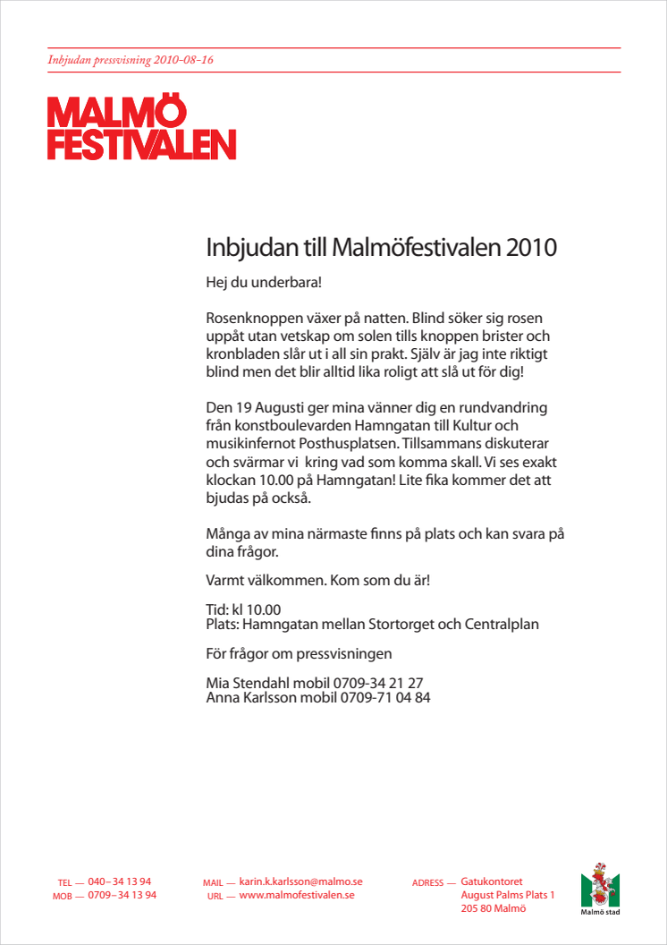 Inbjudan till Malmöfestivalen 2010