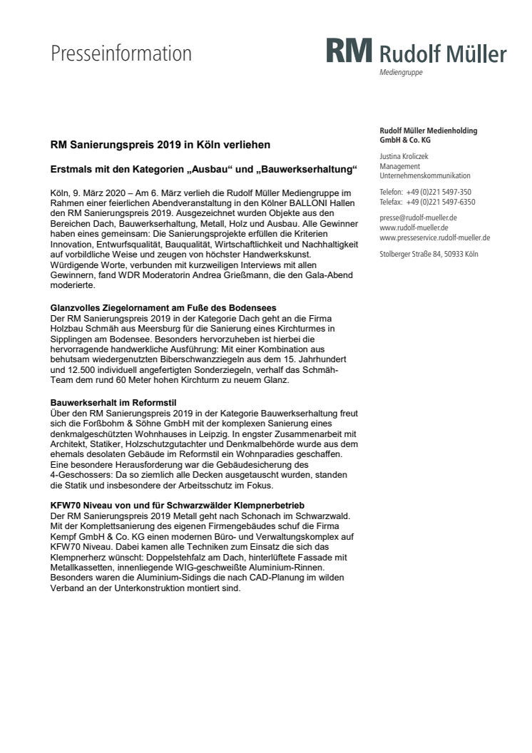 RM Sanierungspreis 2019 in Köln verliehen