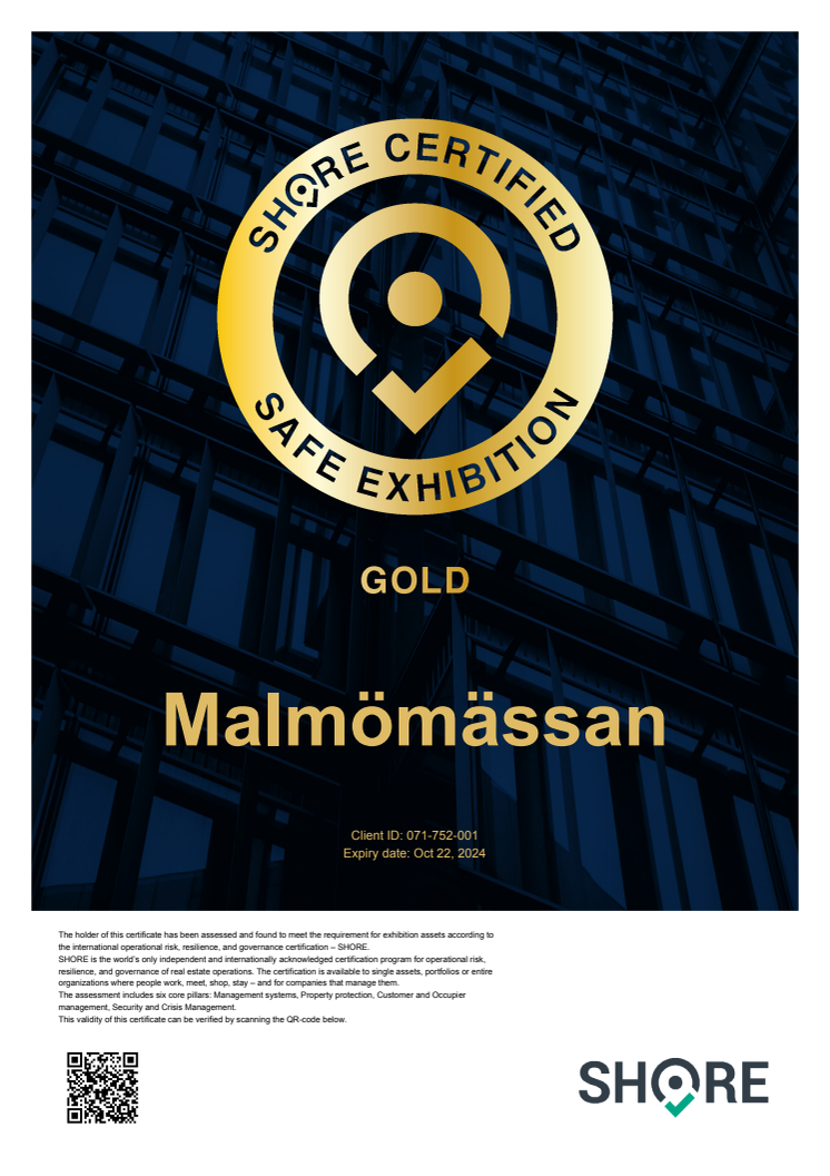 SHORE GOLD Certificate Malmömässan