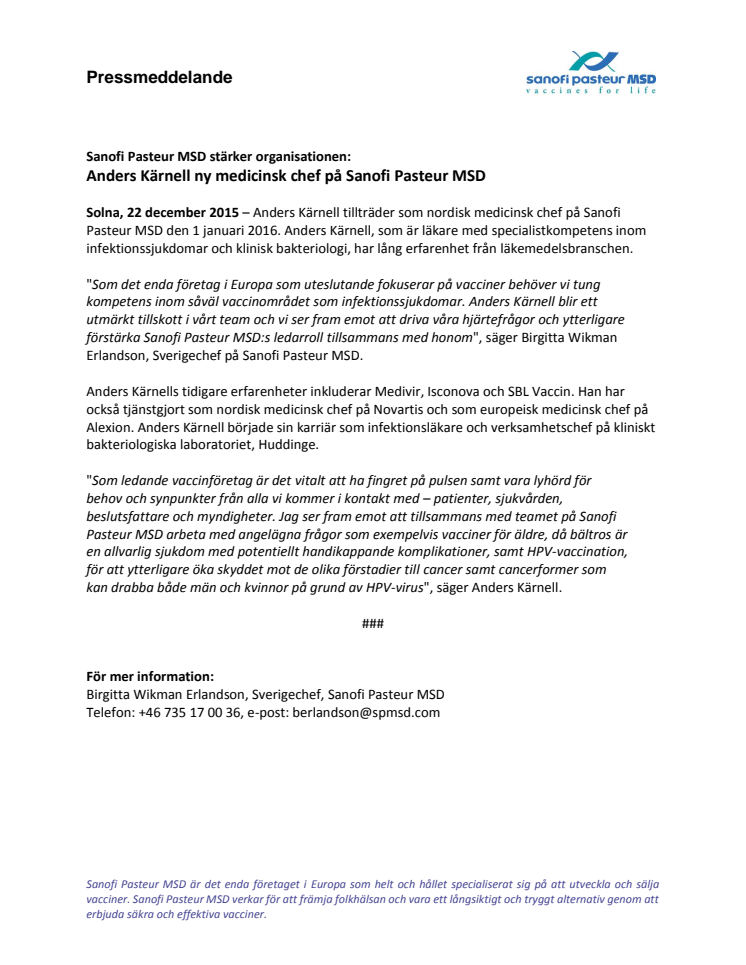Sanofi Pasteur MSD stärker organisationen: Anders Kärnell ny medicinsk chef  