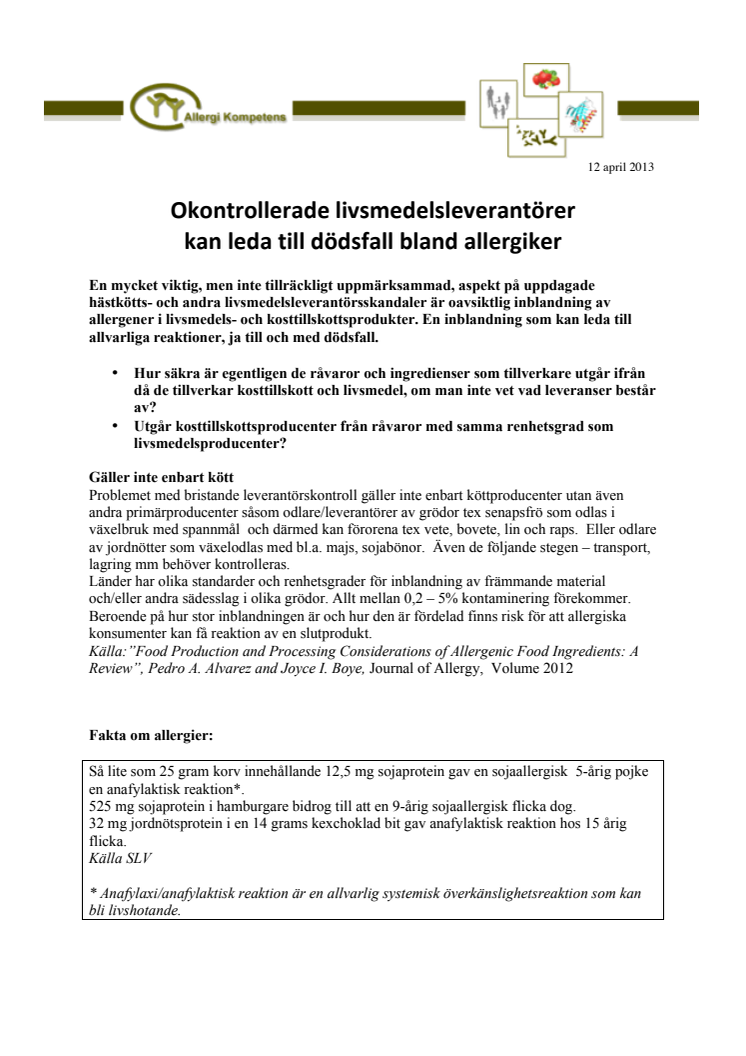 Okontrollerade livsmedelsleverantörer kan leda till dödsfall bland allergiker  