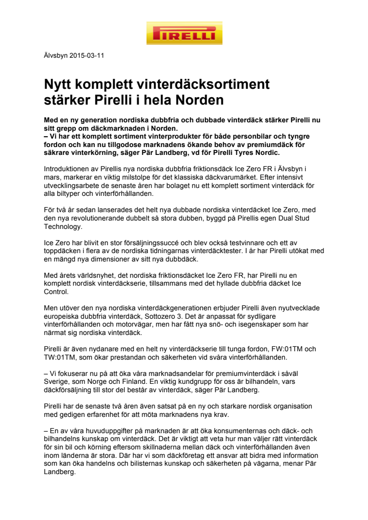 Nytt komplett vinterdäcksortiment stärker Pirelli i hela Norden