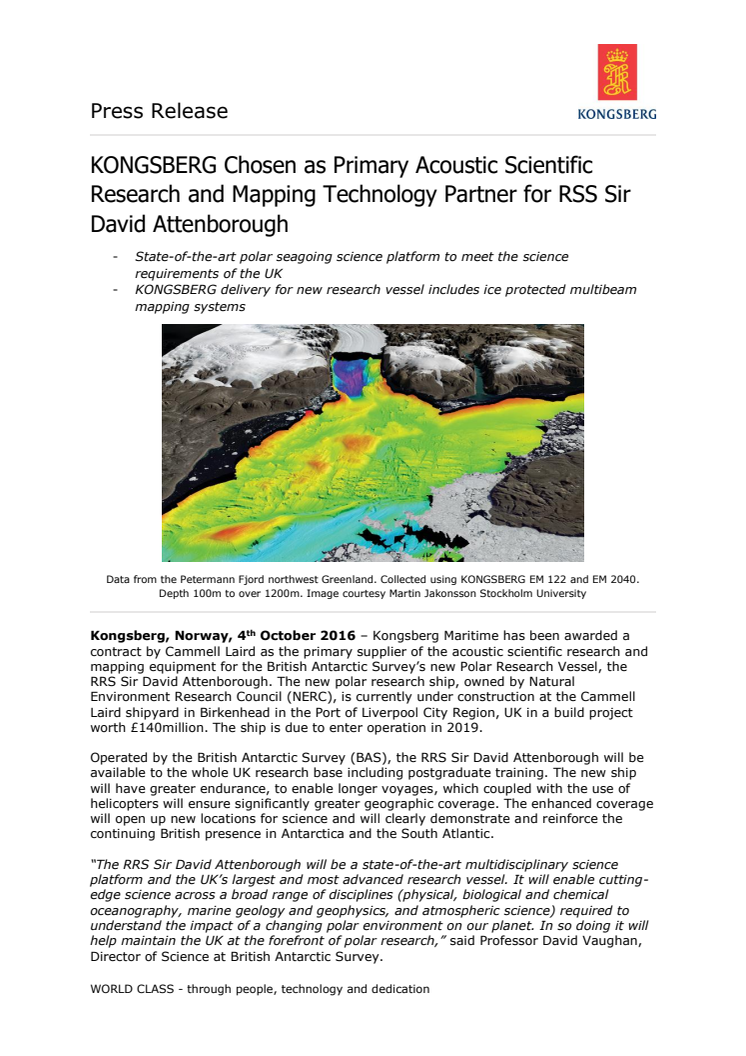 Kongsberg Maritime: KONGSBERG Chosen as Primary Acoustic Scientific Research and Mapping Technology Partner for RRS Sir David Attenborough