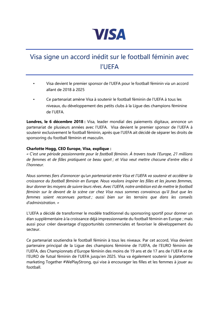 Visa signe un accord inédit sur le football féminin avec l’UEFA 