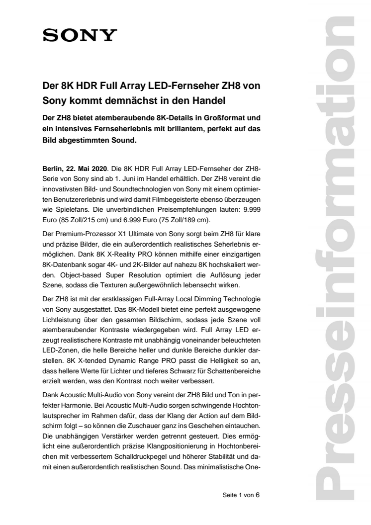Der 8K HDR Full Array LED-Fernseher ZH8 von Sony kommt demnächst in den Handel