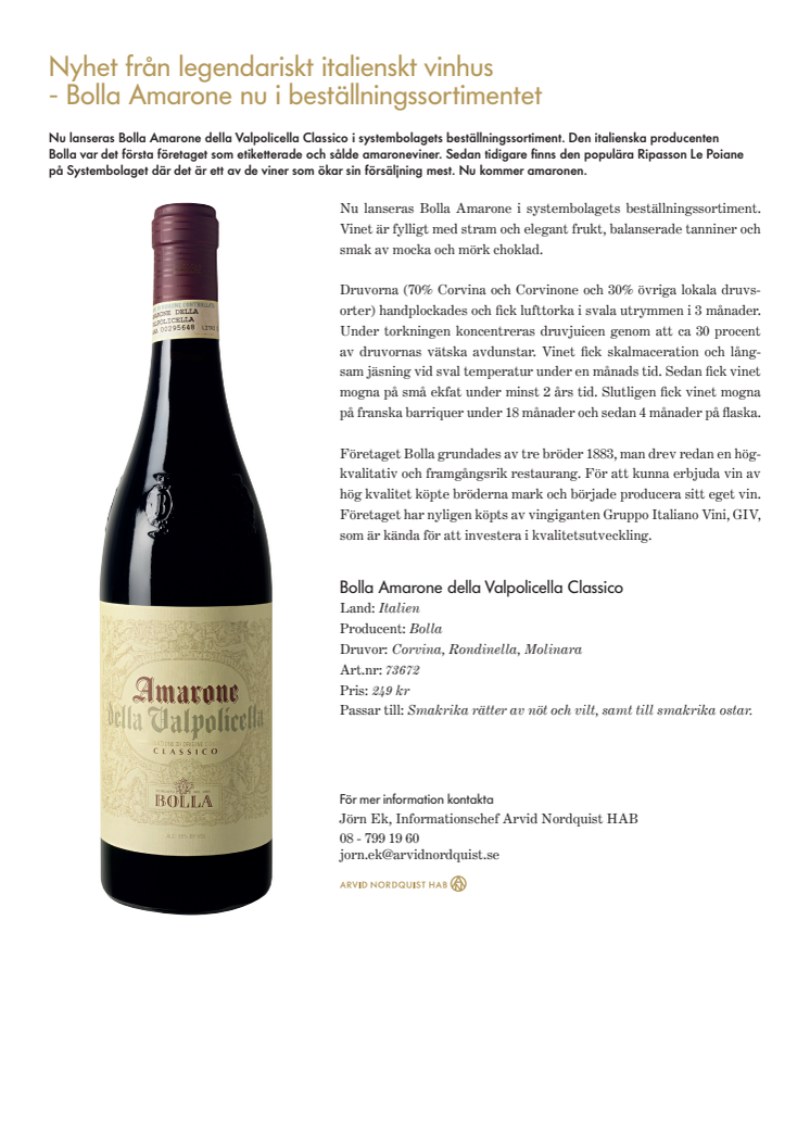 Nyhet från legendariskt italienskt vinhus -  Bolla Amarone nu i beställningssortimentet