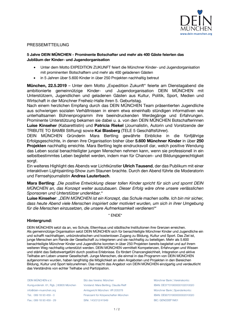 5 Jahre DEIN MÜNCHEN - Prominente Botschafter und mehr als 400 Gäste feierten das  Jubiläum der Kinder- und Jugendorganisation