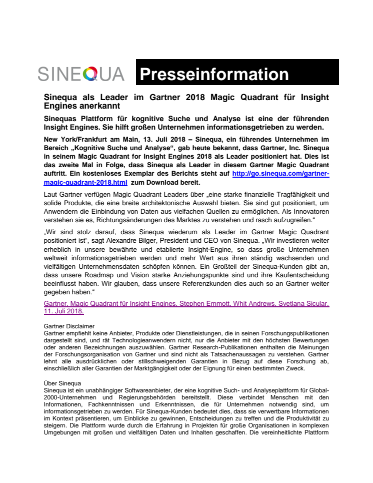 Gartner 2018 Magic Quadrant für Insight Engines: Sinequa zum zweiten Mal in Folge als Leader positioniert 