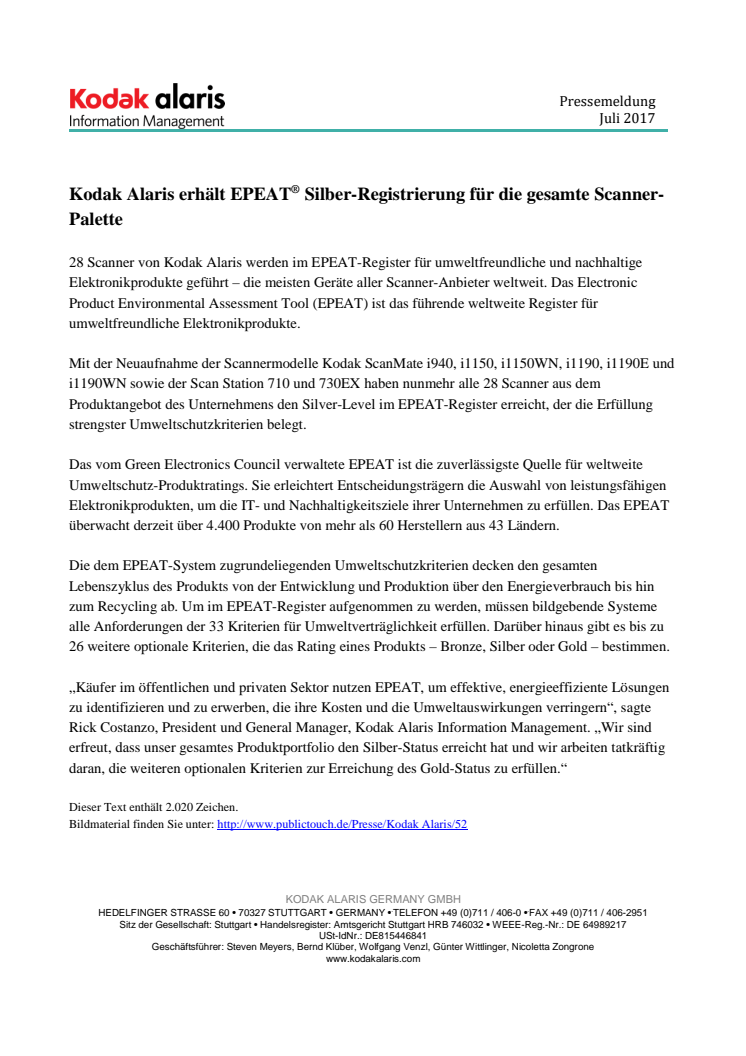 Kodak Alaris erhält EPEAT® Silber-Registrierung für die gesamte Scanner-Palette