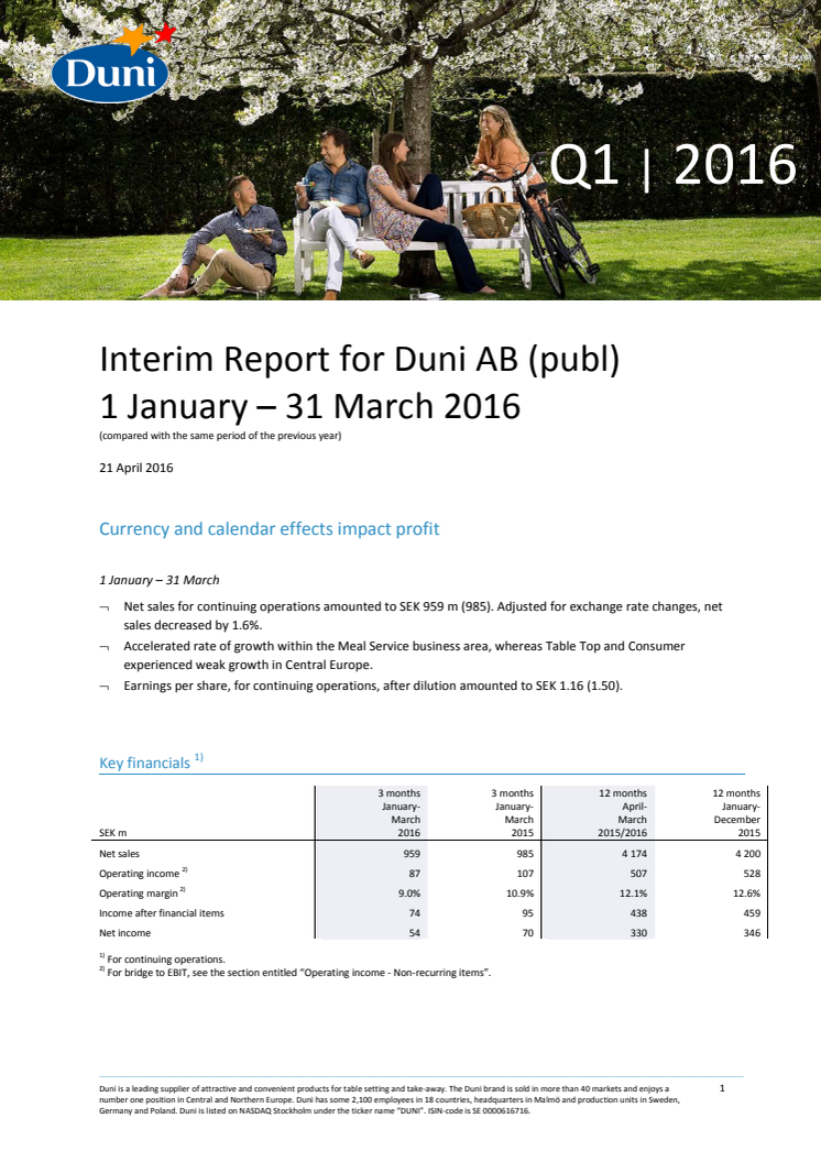 Interim Report for Duni AB (publ) 1 January – 31 March 2016