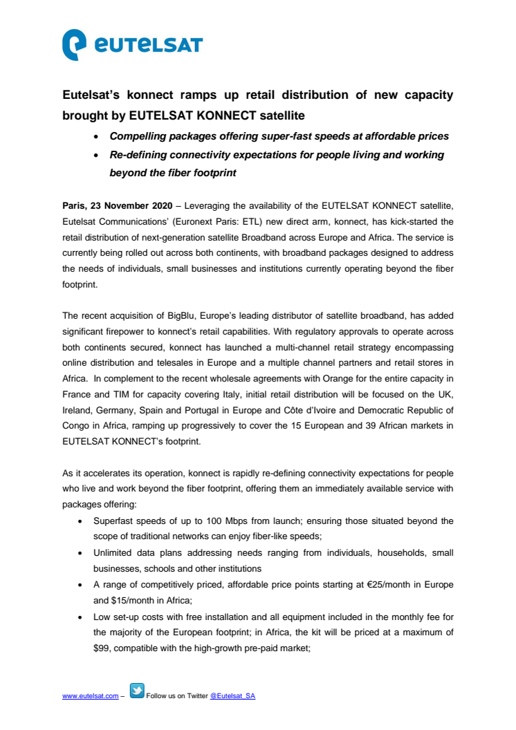 Eutelsat’s konnect ramps up retail distribution of new capacity brought by EUTELSAT KONNECT satellite  