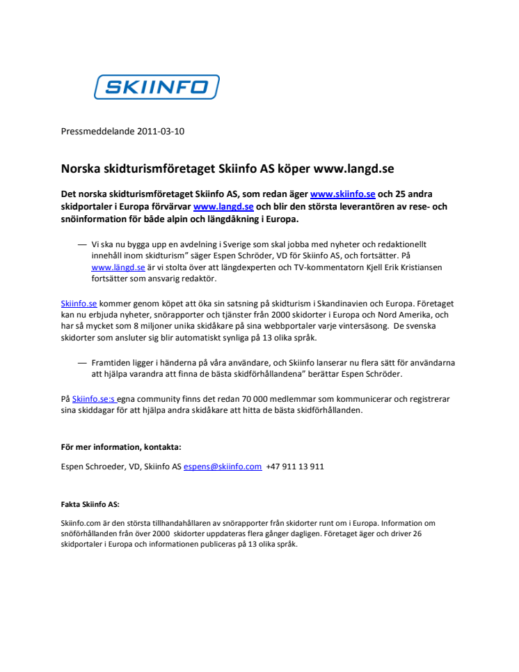 Norska skidturismföretaget Skiinfo AS köper www.langd.se