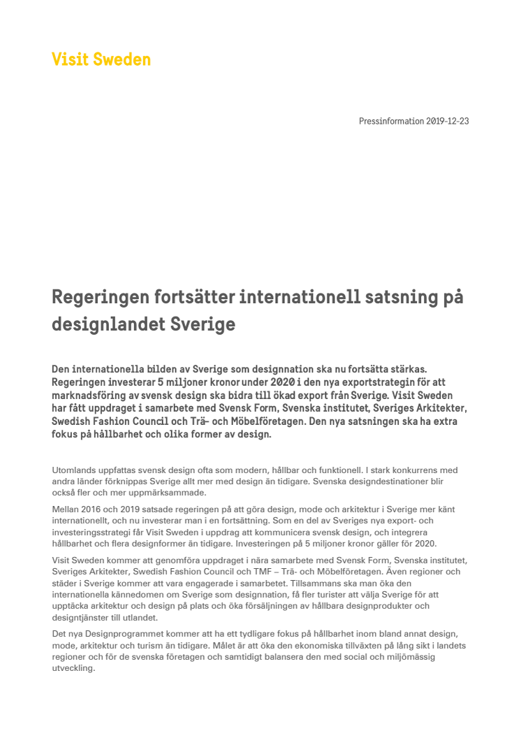 Regeringen fortsätter internationell satsning på designlandet Sverige 