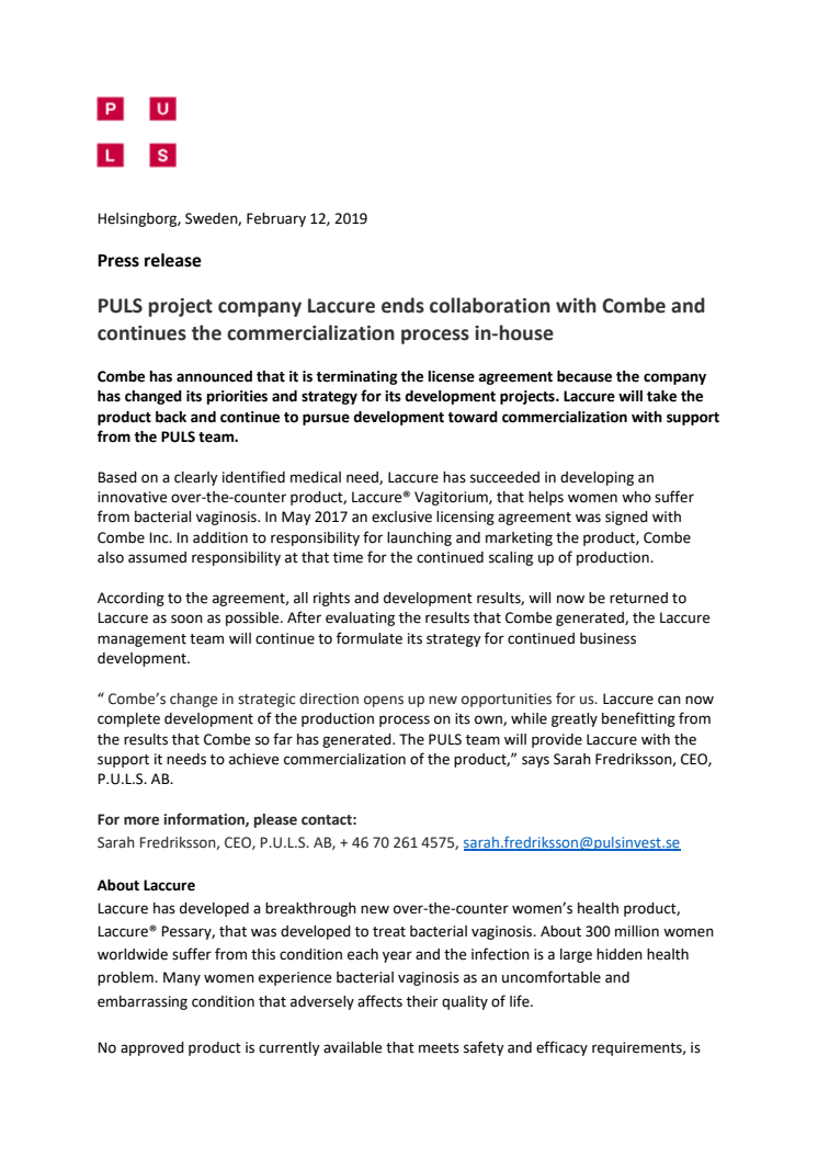 PULS project company Laccure ends collaboration with Combe and continues the commercialization process in-house