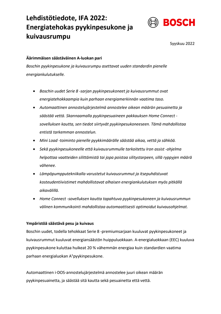 Lehdistötiedote, IFA 2022- Energiatehokas pyykinpesukone ja kuivausrumpu_FI  .pdf