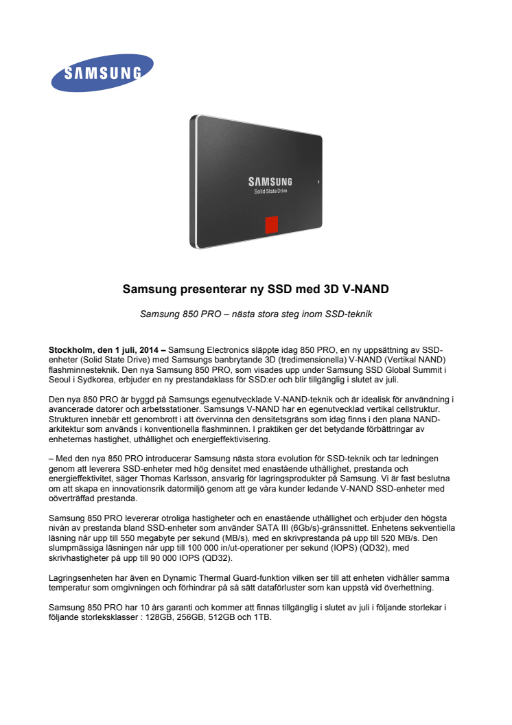 Samsung presenterar ny SSD med 3D V-NAND