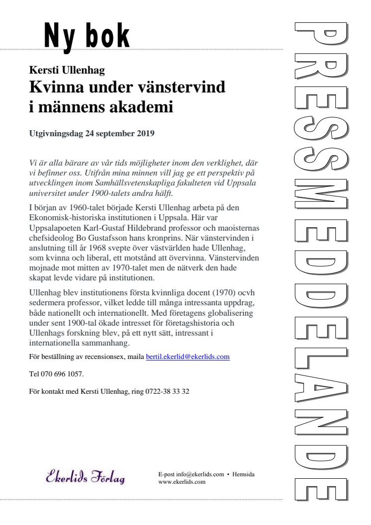 Ny bok: Kvinna under vänstervind i männens akademi av Kersti Ullenhag