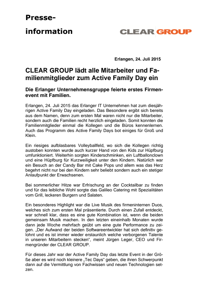 24.07.2015 CLEAR GROUP lädt alle Mitarbeiter und Familienmitglieder zum Active Family Day ein 