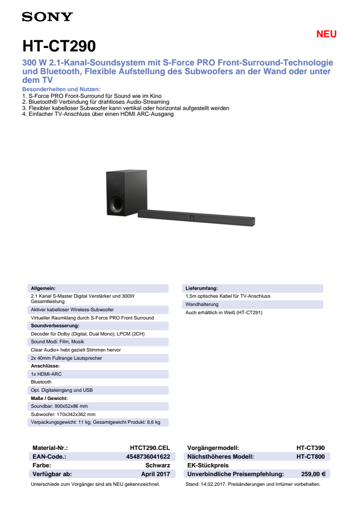 Datenblatt HT-CT290 von Sony