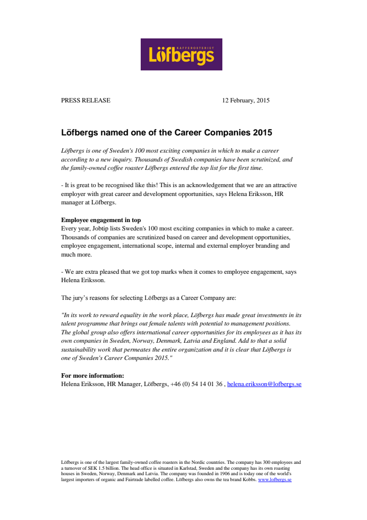 Löfbergs named one of the Career Companies 2015