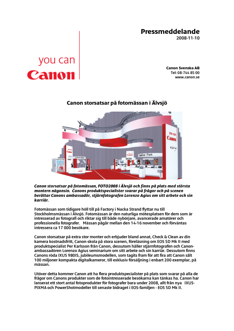 Pressmeddelande: Canon storsatsar på fotomässan i Älvsjö