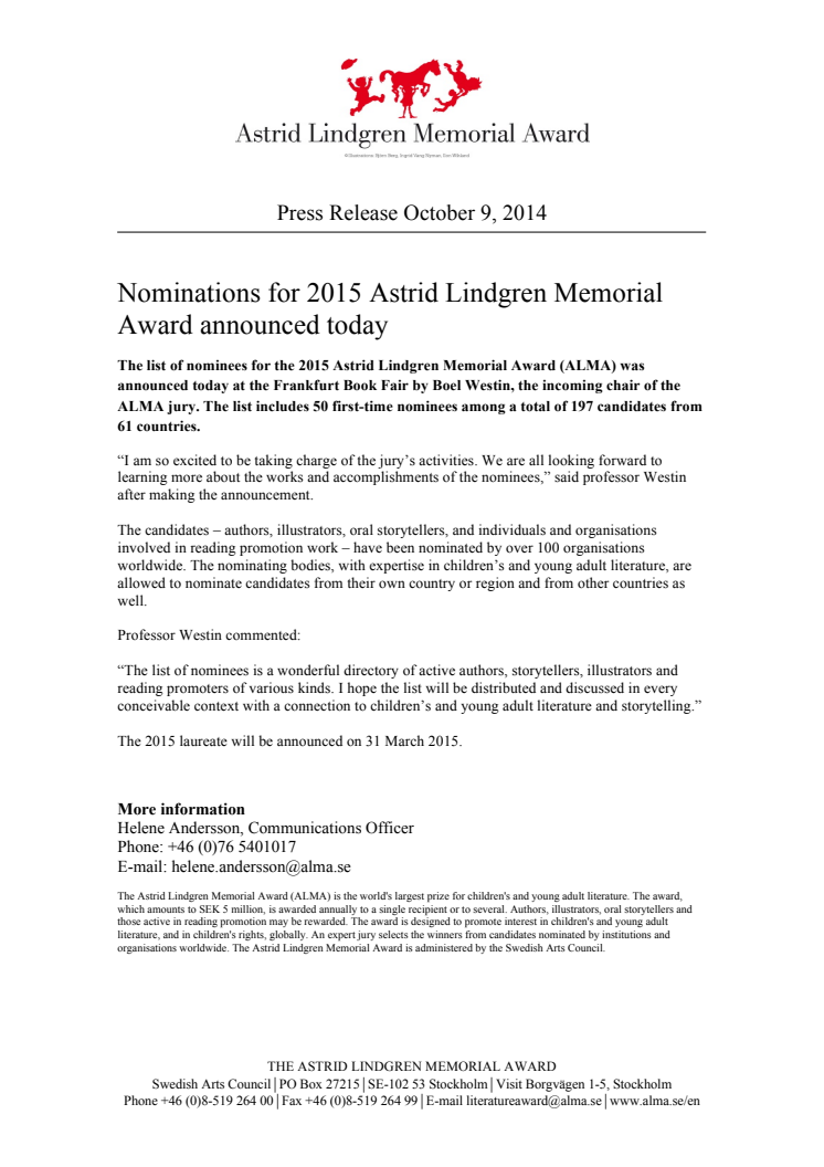 Nominations for 2015 Astrid Lindgren Memorial Award announced today