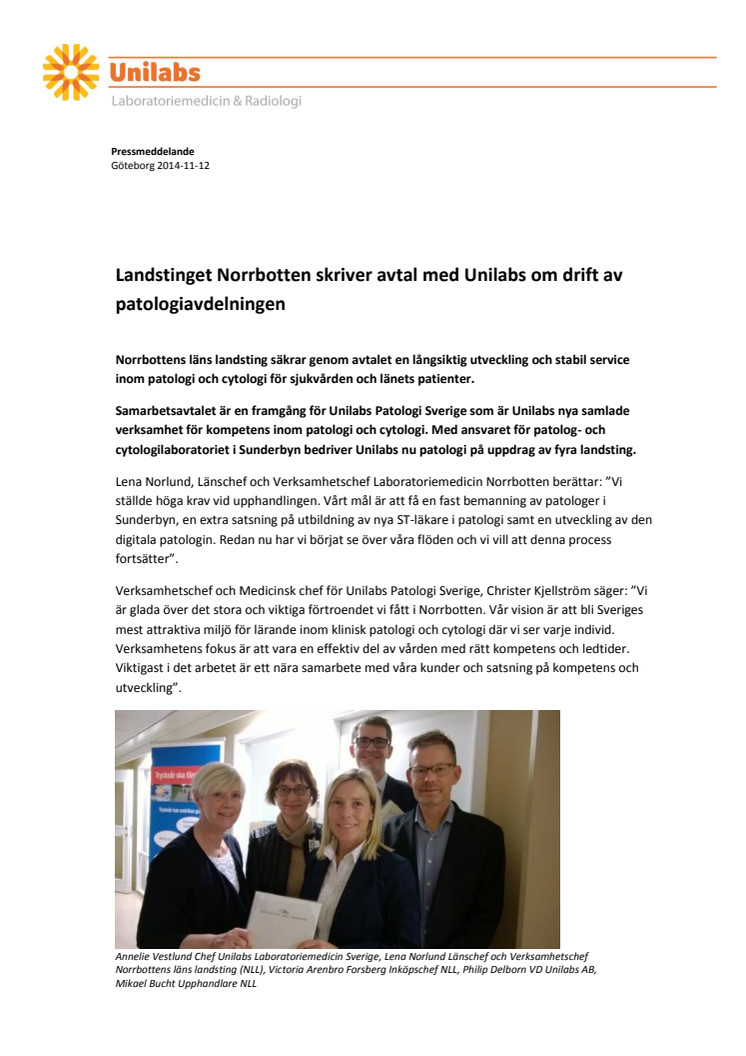 Landstinget Norrbotten skriver avtal med Unilabs om drift av patologiavdelningen 