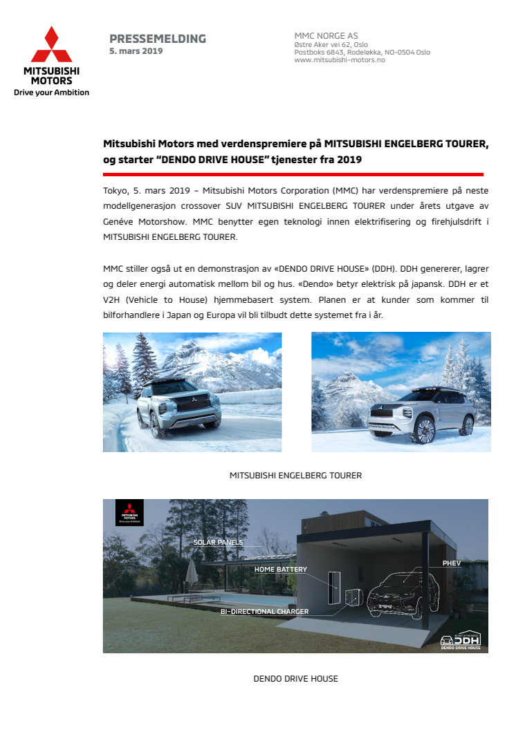 Mitsubishi Motors med verdenspremiere på MITSUBISHI ENGELBERG TOURER, og starter “DENDO DRIVE HOUSE” tjenester fra 2019