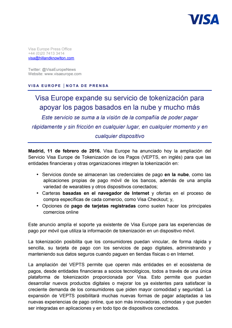 Visa Europe expande su servicio de tokenización para apoyar los pagos basados en la nube y mucho más