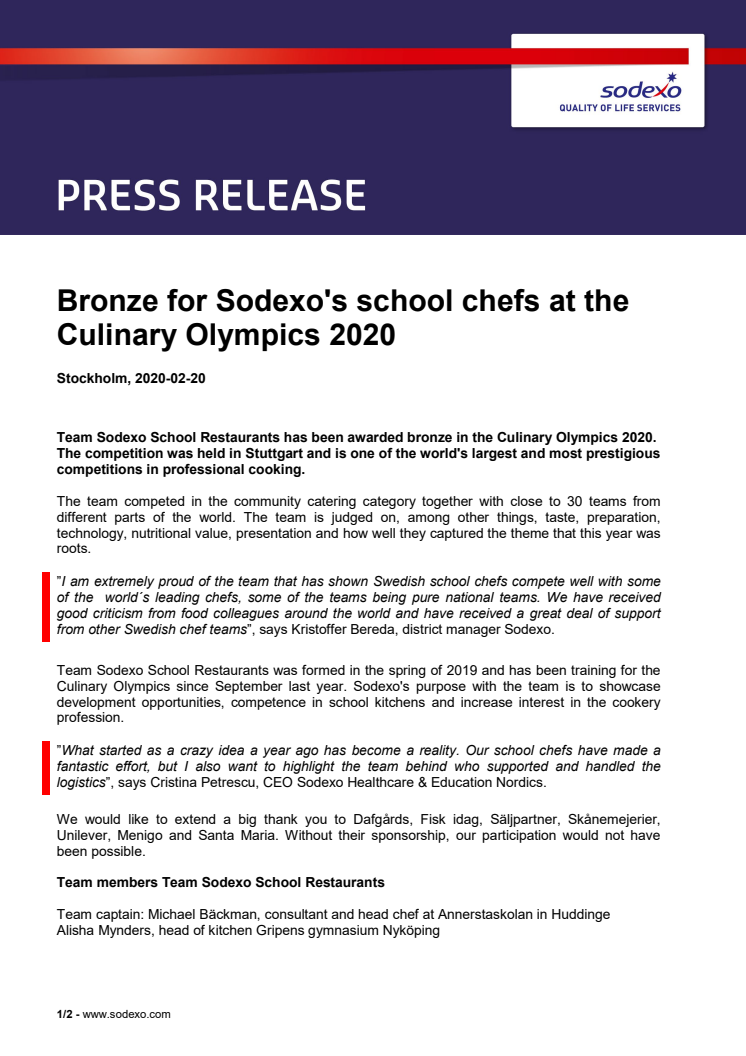 Bronze for Sodexo's school chefs at the Culinary Olympics 2020