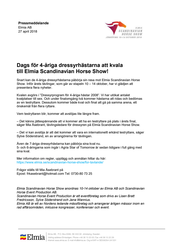 Dags för 4-åriga dressyrhästarna att kvala till Elmia Scandinavian Horse Show!