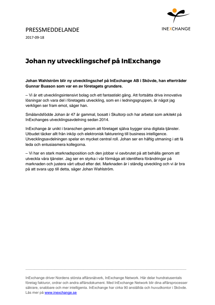 ​Johan ny utvecklingschef på InExchange