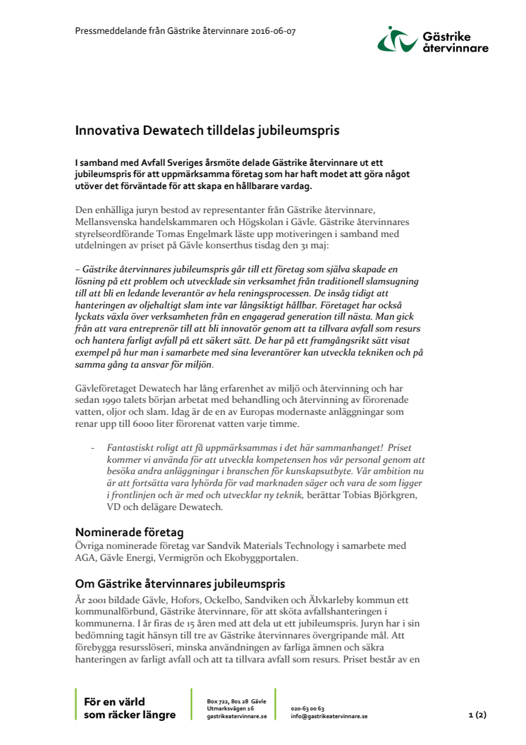 Innovativa Dewatech tilldelas jubileumspris
