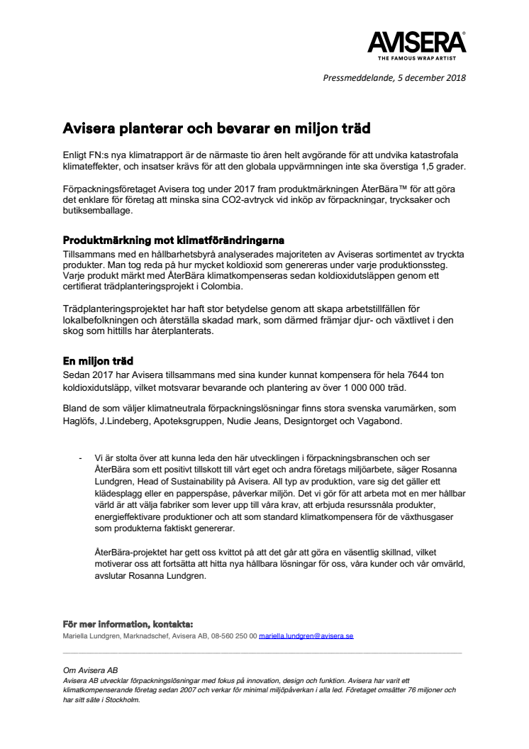 En miljon träd planteras och bevaras av Avisera
