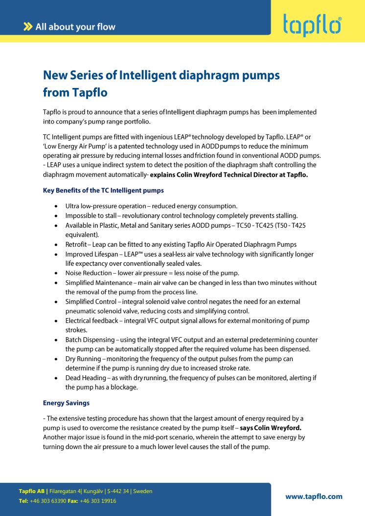 New Series of Intelligent diaphragm pumps  from Tapflo