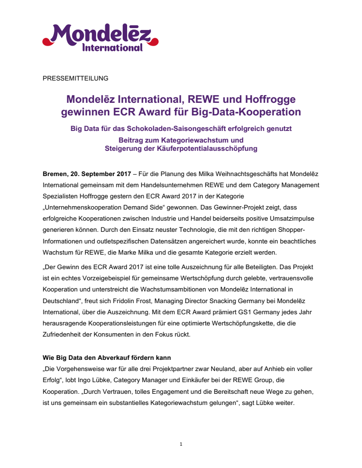 Mondelēz International, REWE und Hoffrogge gewinnen ECR Award für Big-­Data-­Kooperation