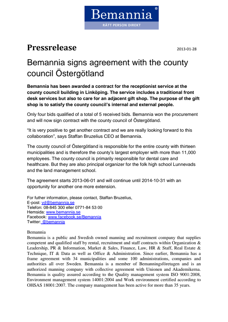 Bemannia signs agreement with the county council Östergötland 