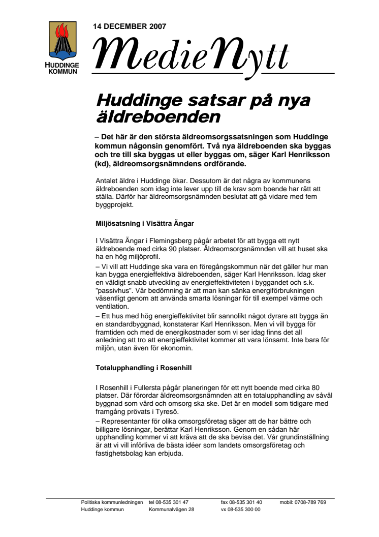 Huddinge satsar på nya äldreboenden