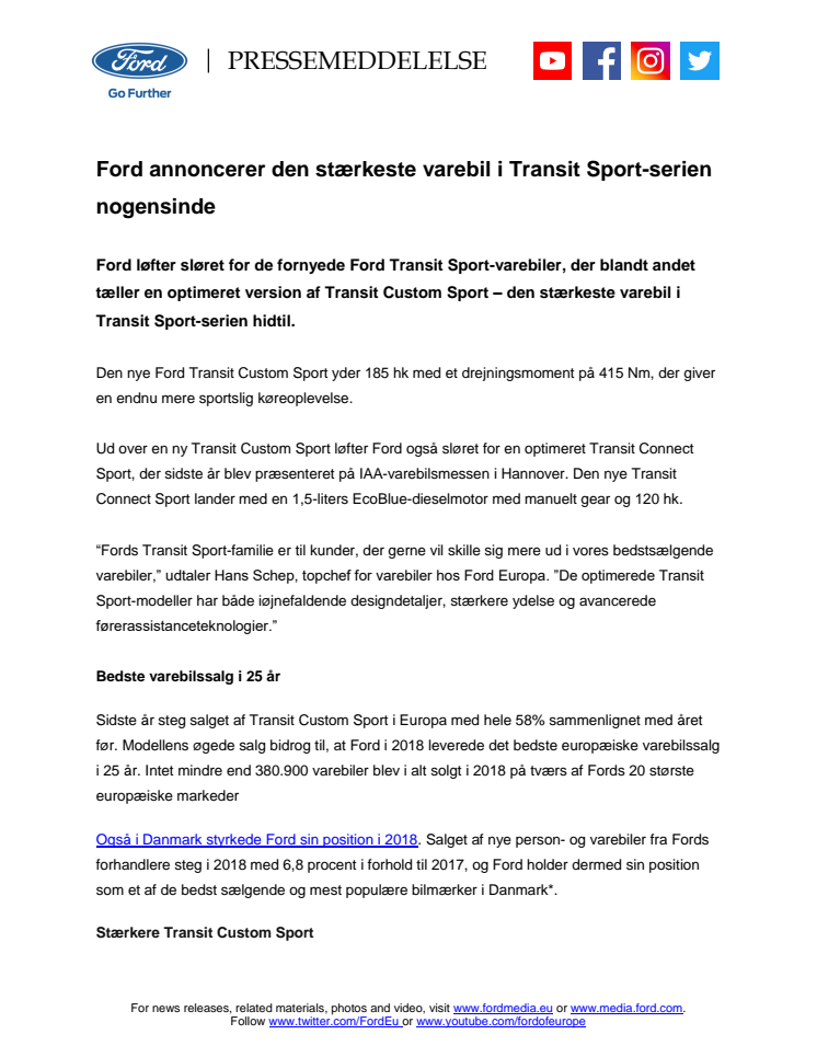 Ford annoncerer den stærkeste varebil i Transit Sport-serien nogensinde