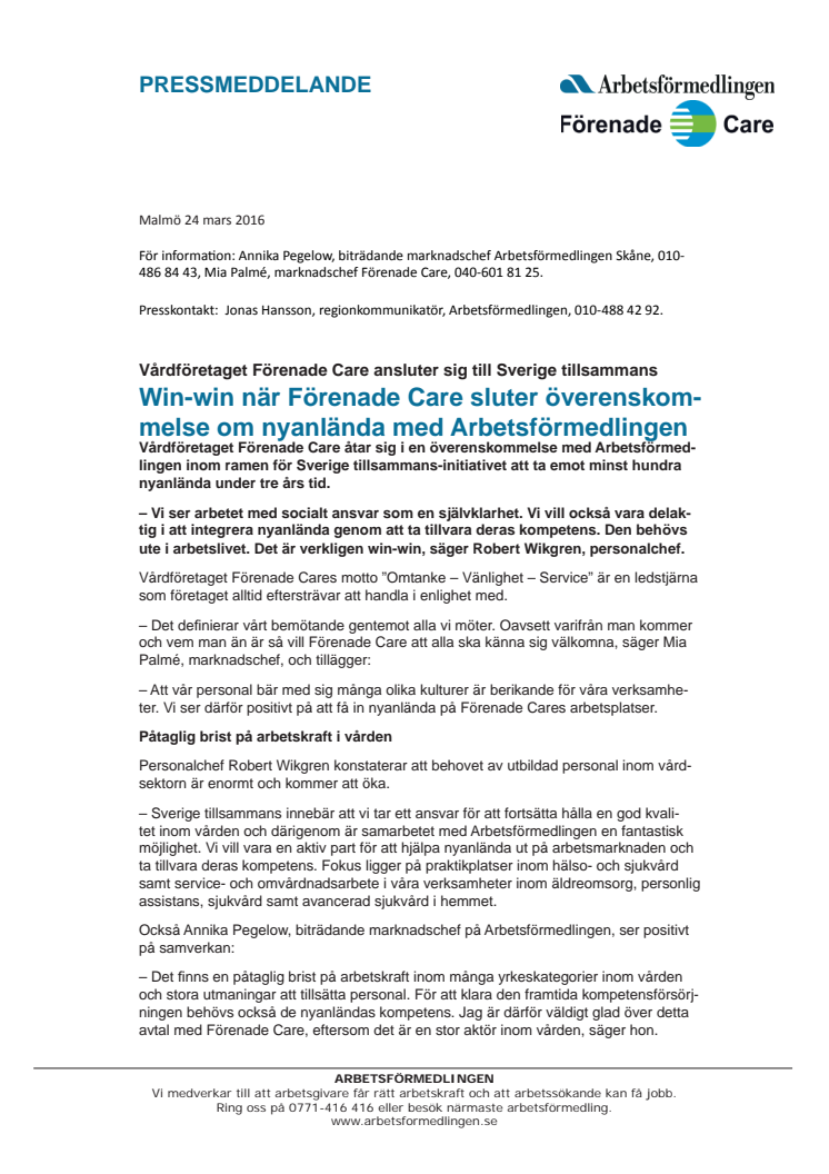 Win-win när Förenade Care sluter överenskommelse om nyanlända med Arbetsförmedlingen