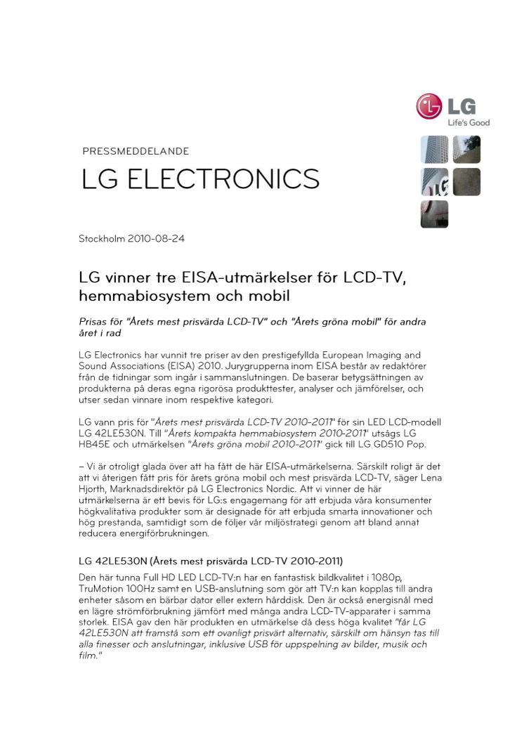 LG vinner tre EISA-utmärkelser för LCD-TV, hemmabiosystem och mobil