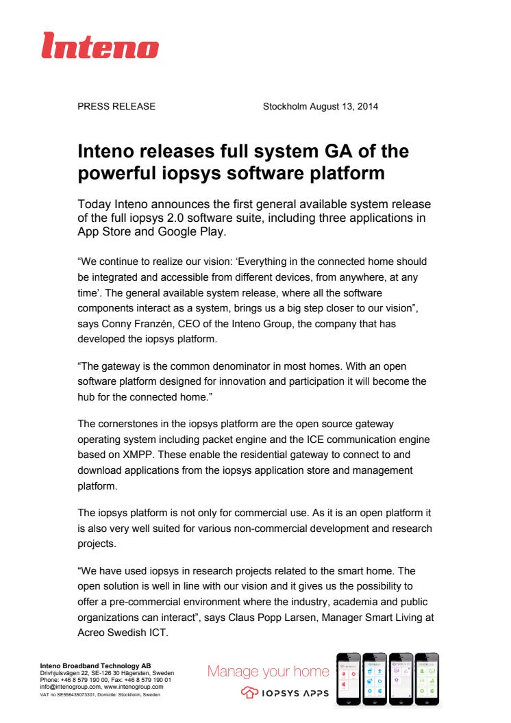 Inteno releases full system GA of the powerful iopsys software platform