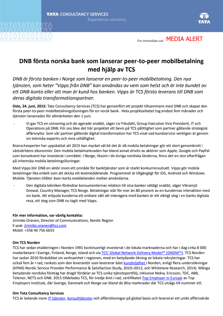 DNB första norska bank som lanserar peer-to-peer mobilbetalning med hjälp av TCS