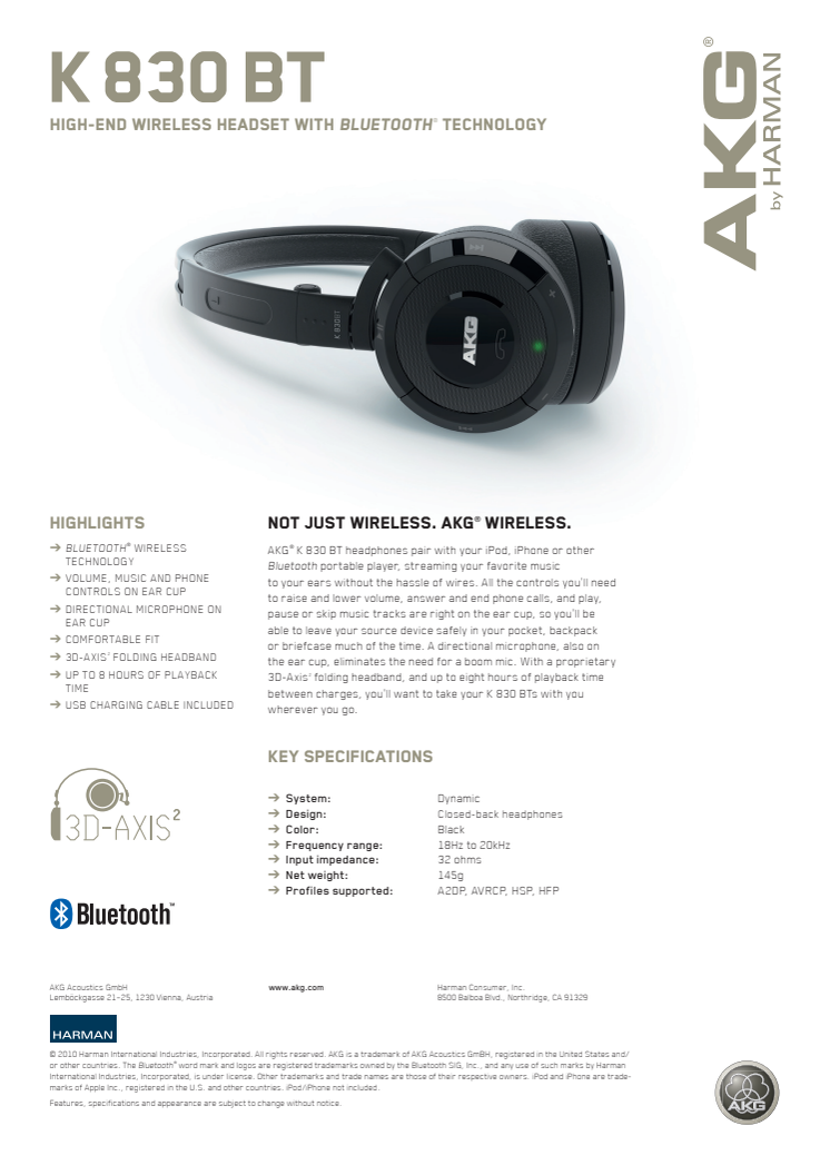 Specification sheet - AKG 830 BT (English)