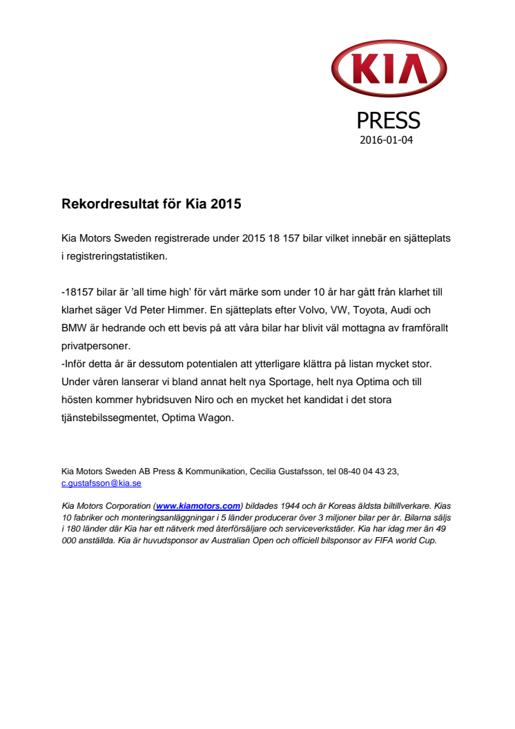 Rekordresultat för Kia 2015