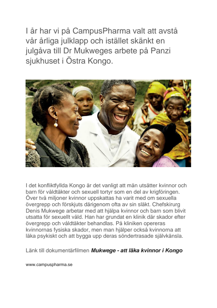 CampusPharma stöttar Panzi sjukhuset i Östra Kongo