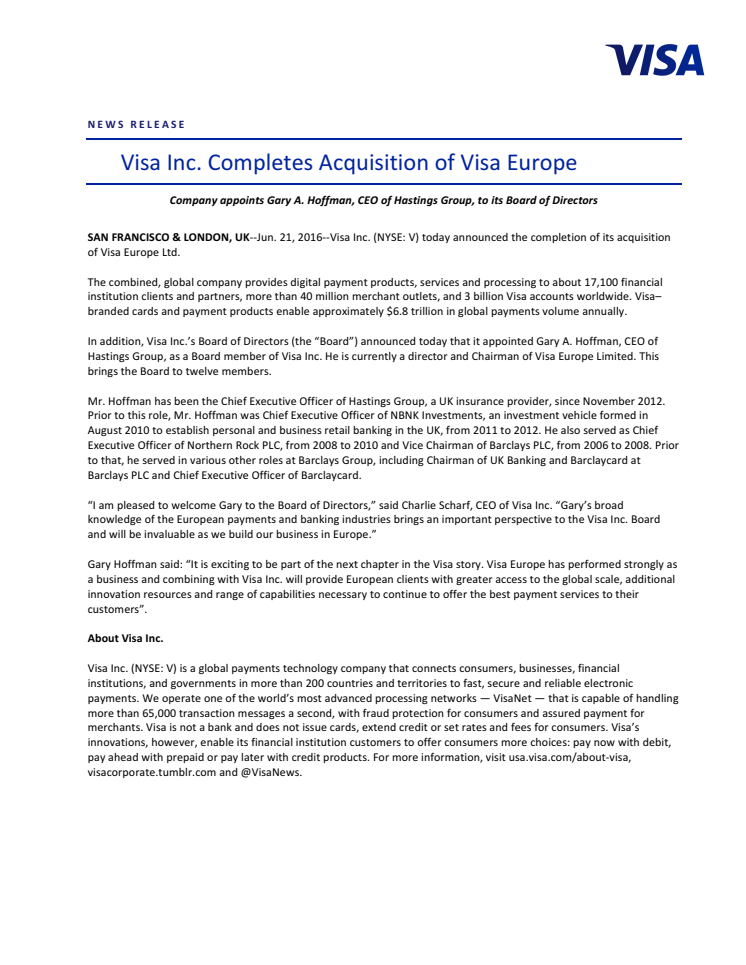 Visa Inc. Completes Acquisition of Visa Europe 