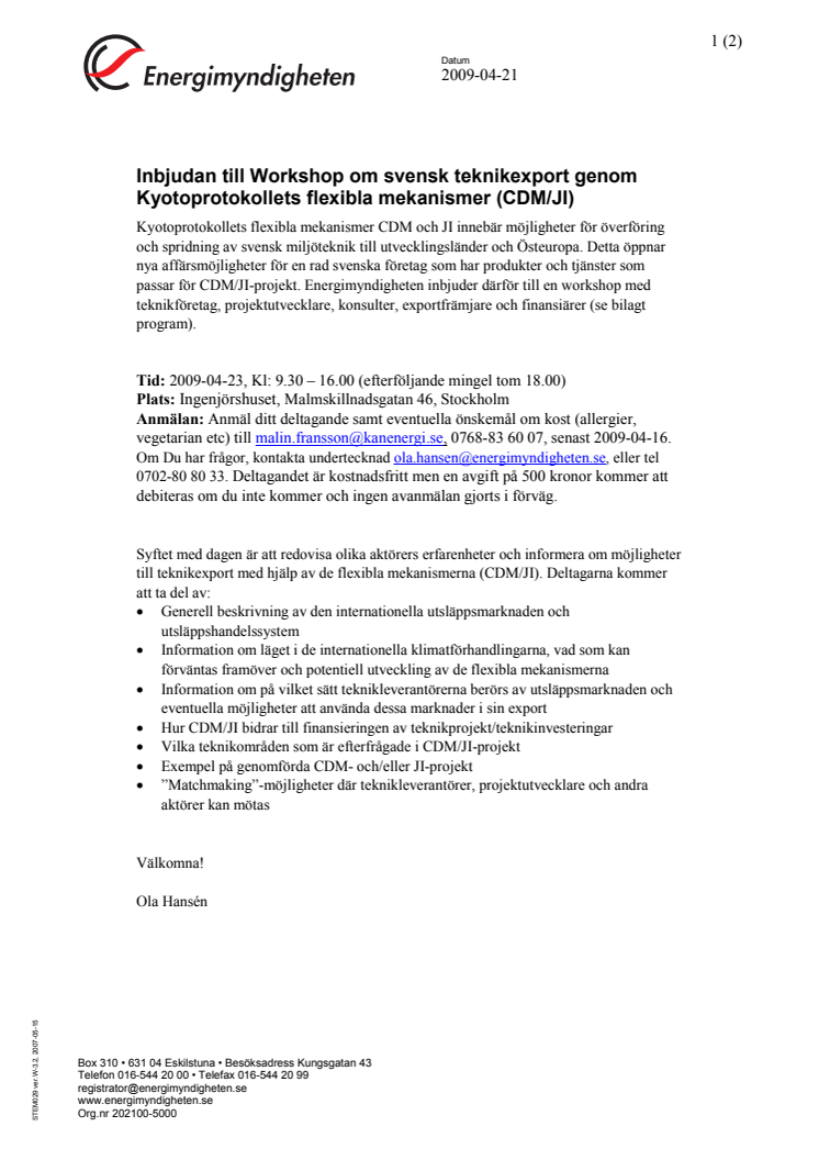 Workshop om svensk teknikexport genom Kyotoprotokollets flexibla mekanismer - Inbjudan och program